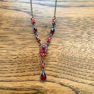 Brass Art Deco necklace with red rhinestones